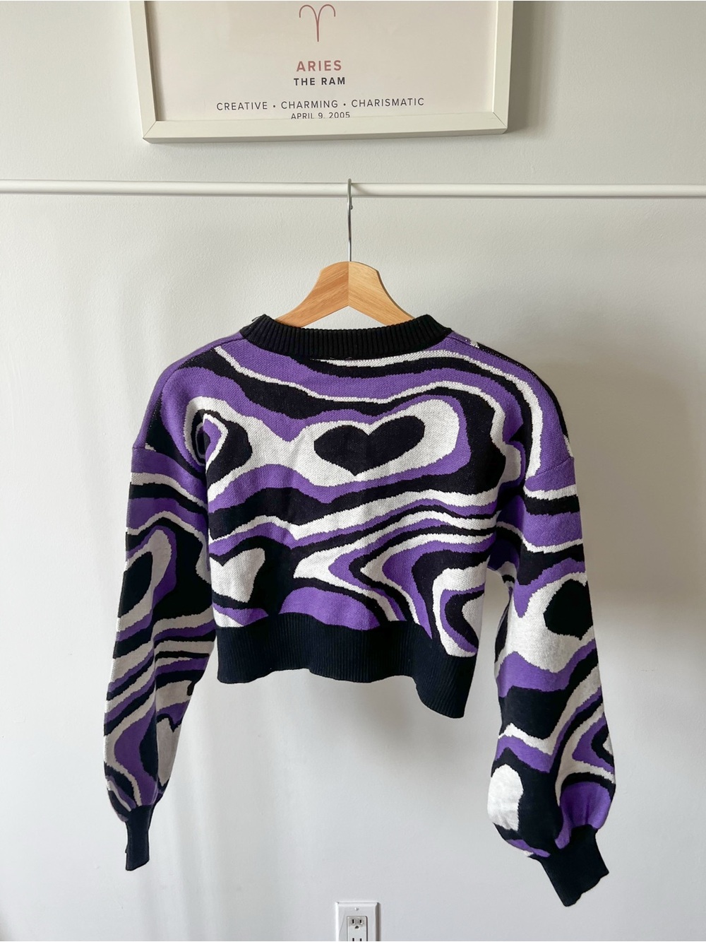 Purple Black White Abstract Wave Crop Sweater